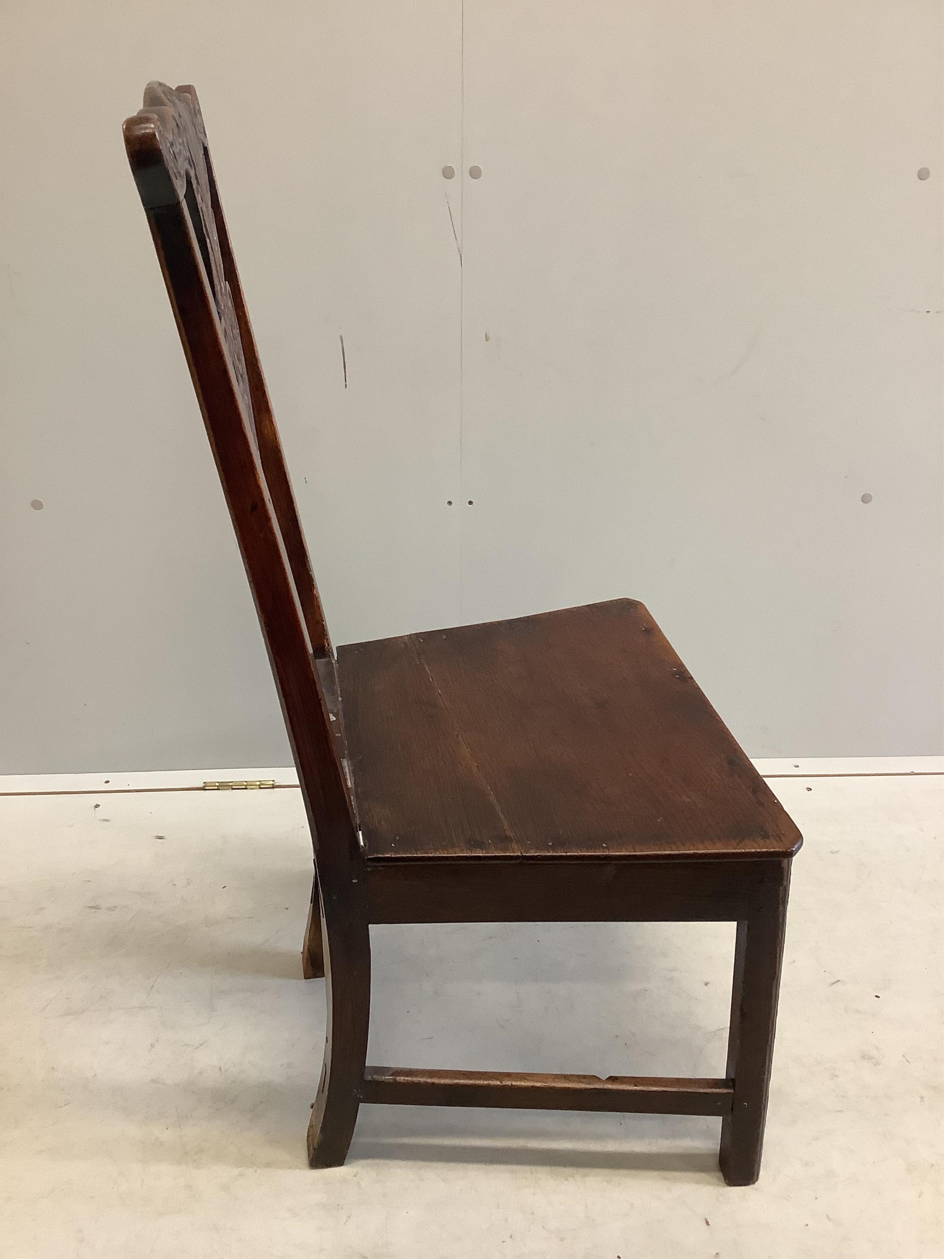 A harlequin set of six country Chippendale style, carved oak dining chairs. Condition - fair